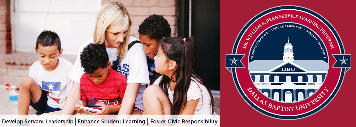 people in banner - Develop Servant Leadership, Enhance Student Learning, Foster Civic Responsibility